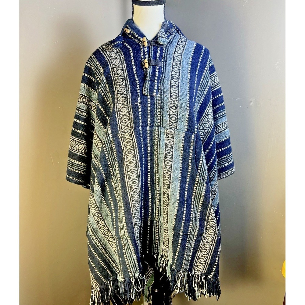 Kathmandu Nepal Woven Cotton Poncho One Size Hippie Boho Blue Striped Deadhead